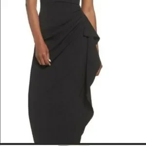 Vince Camuto Black Cascade Ruffle Pleated Off Shoulder Crepe Long Dress  Size